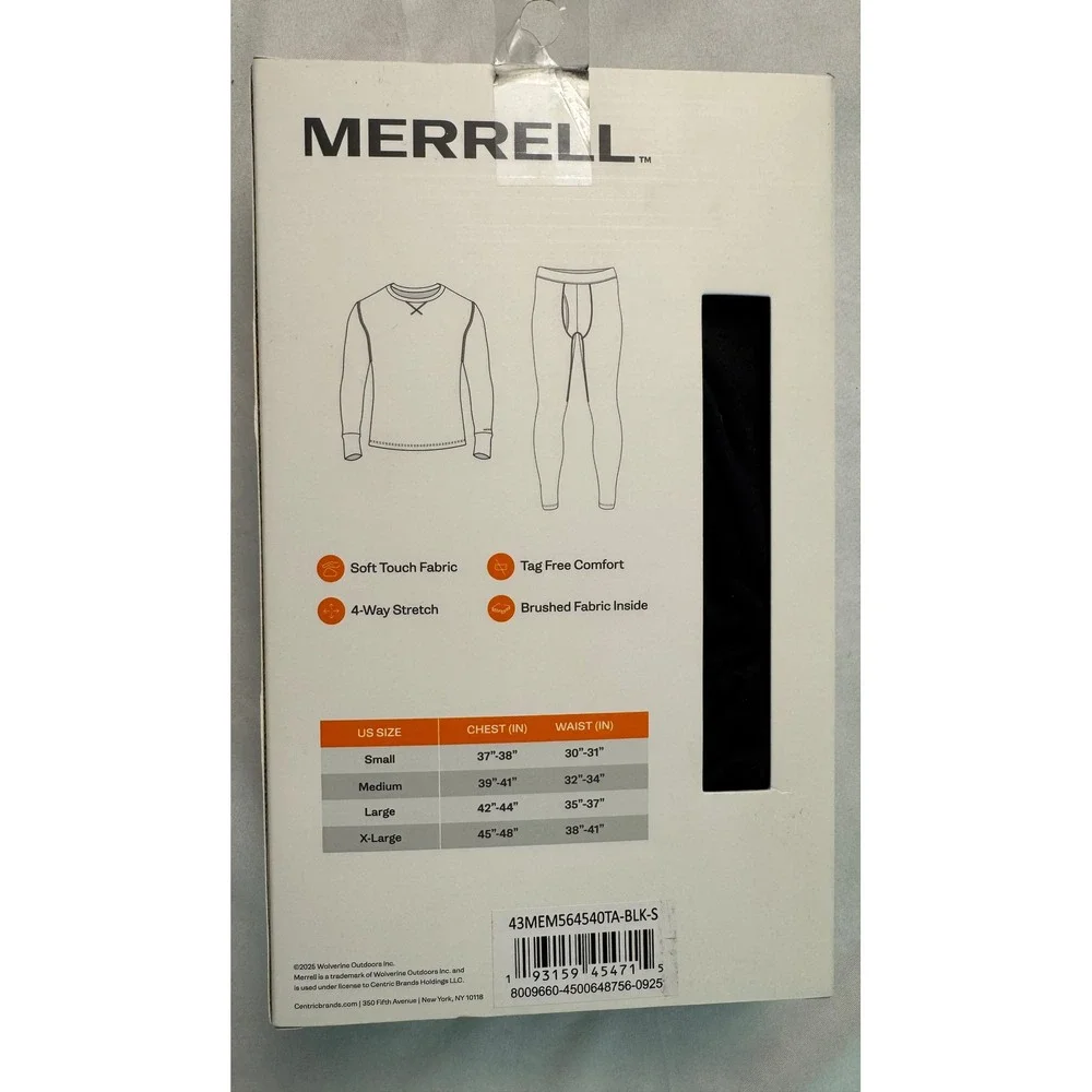 Merrell Mens Base Layer Set Long Sleeve Crew Neck and Pant Black Small